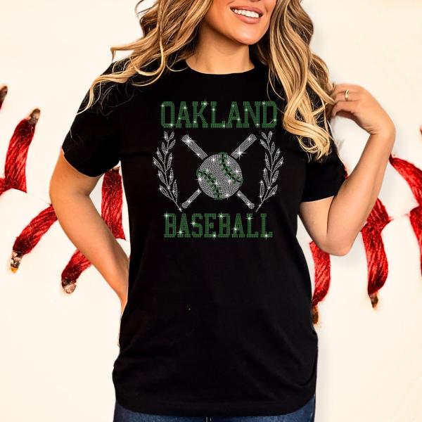 Oakland Baseball Rhinestone T-Shirt, Retro Groovy Teams Game Day Tee-Shirt, Sport Fans Bling Shirt, Tailgate Apparel for Men or Women