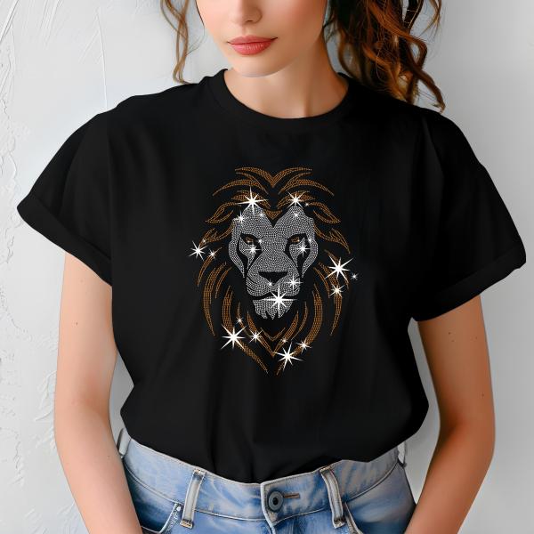 Sparkling Rhinestone Lion Shirt, Majestic Animal Design Tee, Women Black Casual T-Shirt, Minimalist Sparkle Top, Gift for Her, Gift for Him