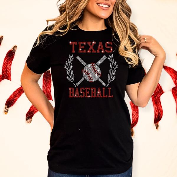 Texas Baseball Rhinestone T-Shirt, Sport Teams Apparel Gift for Moms or Dads,  Fans  Game Day Tailgate Outfit Tee-Shirt, Casual Sportswear