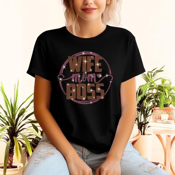 Wife Mom Boss Rhinestone T-Shirt, Cozy Comfort Colors Mama Life Shirt, Working Mother Tee-Shirt, Unique Gift Idea for Mother's Day