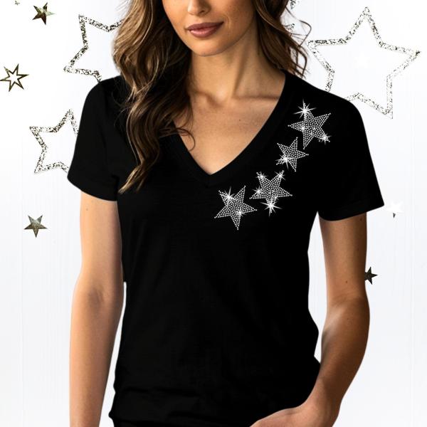 Stars Rhinestone V Neck T-Shirt, Unique Design Glitter Star Design V-Neck Tee-Shirt, Perfect Gift Idea for Mothers Day or Birthday