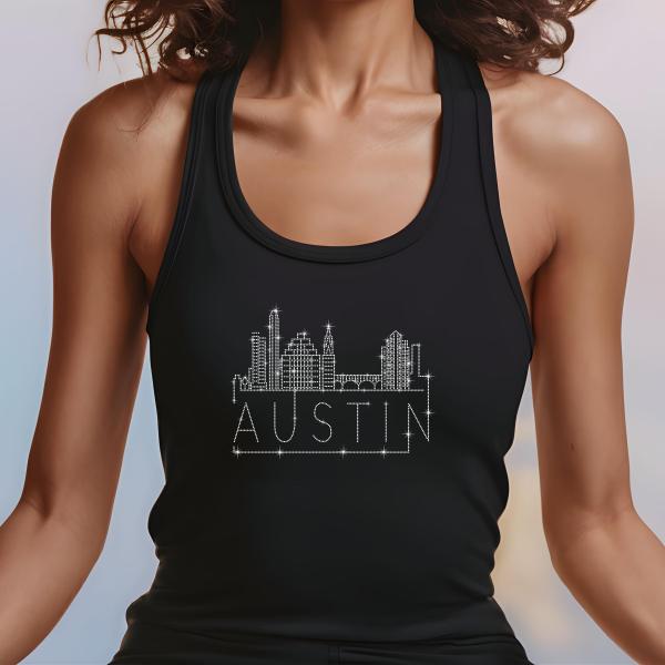 Austin Rhinestone T-Shirt, Sparkling City Skyline Tee, Women Casual Top, Texas Pride Shirt, Travel Gift, Cityscape Design Outfit