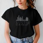 Austin Rhinestone T-Shirt, Sparkling City Skyline Tee, Women Casual Top, Texas Pride Shirt, Travel Gift, Cityscape Design Outfit