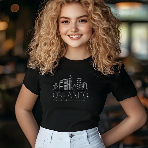 Orlando Rhinestone T-Shirt, Sparkling City Skyline Tee, Women’s Casual Top, Glitter Florida Design, Florida Gift, Gift for Her