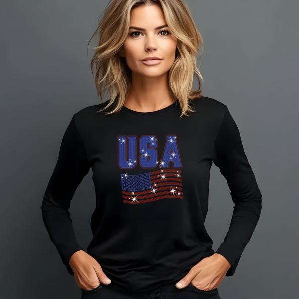 USA Rhinestone T-Shirt, American Flag Tee, USA Pride Shirt, 4th of July Outfit, Patriotic Women’s T-Shirt, Independence Day Gift