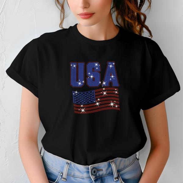 USA Rhinestone T-Shirt, American Flag Tee, USA Pride Shirt, 4th of July Outfit, Patriotic Women’s T-Shirt, Independence Day Gift