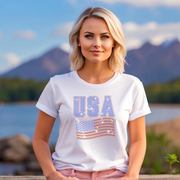 USA Rhinestone T-Shirt, American Flag Tee, USA Pride Shirt, 4th of July Outfit, Patriotic Women’s T-Shirt, Independence Day Gift