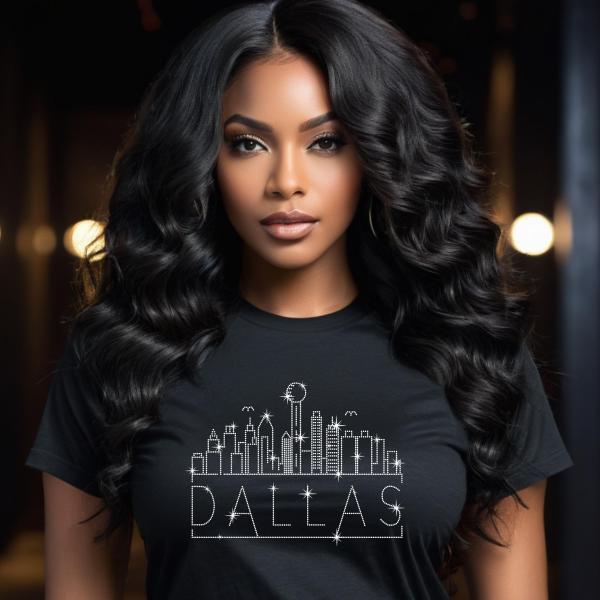 Dallas Rhinestone T-Shirt, Sparkling City Skyline Tee, Women Casual Top, Texas Pride Shirt, Travel Gift, Cityscape Design Outfit