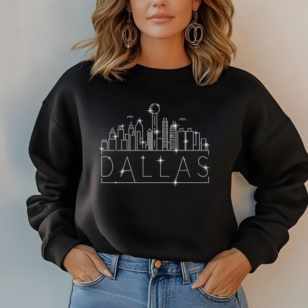 Dallas Rhinestone T-Shirt, Sparkling City Skyline Tee, Women Casual Top, Texas Pride Shirt, Travel Gift, Cityscape Design Outfit