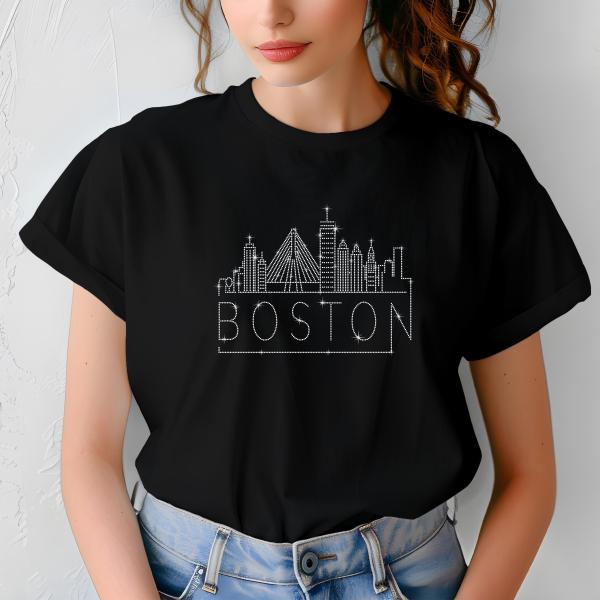 Boston Rhinestone T-Shirt, Sparkling City Skyline Tee, Women’s Casual Top, Glitter Massachusetts Design, Massachusetts Gift, Gift for Her