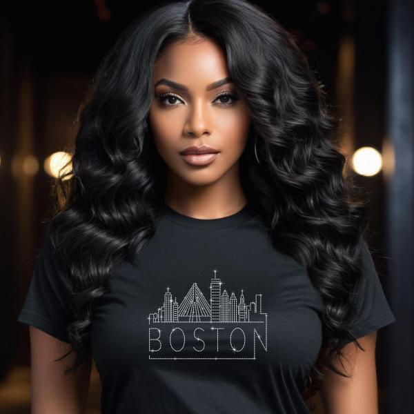 Boston Rhinestone T-Shirt, Sparkling City Skyline Tee, Women’s Casual Top, Glitter Massachusetts Design, Massachusetts Gift, Gift for Her