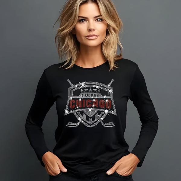 Chicago Hockey Rhinestone T-Shirt, Bling Sports Tee, Sparkling Hockey Shirt, Custom Team Apparel, Game Day Shirt, Gift for Fans
