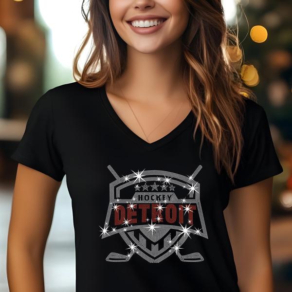 Detroit Hockey Rhinestone T-Shirt, Bling Sports Tee, Sparkling Hockey Shirt, Custom Team Apparel, Game Day Shirt, Gift for Fans
