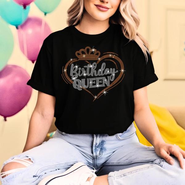 Birthday Queen Inside Heart Rhinestone T-Shirt, Unique Design Party Shirt, Birthday Matching Tee-Shirt, Gift for Wife or Girl Friend