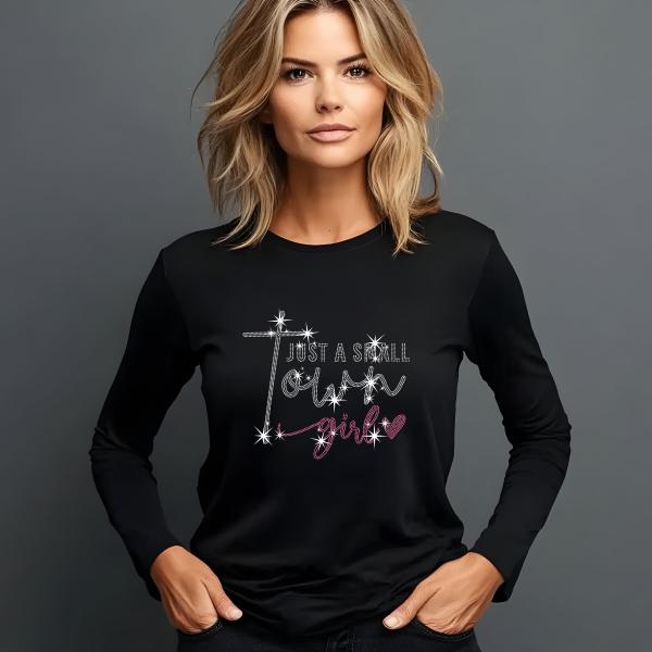 Just a Small Town Girl T-Shirt – Country Music Tee, Rhinestone Bling Shirt, Cute Western Graphic Tee, Southern Girl Outfit, Farm Life Tee