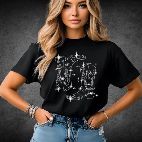 Vintage Western Rhinestone Shirt, Cowboy Boots Shirt, Womens Western Cowgirl Shirt, Trendy Graphic Tee, Oversize Western Shirt