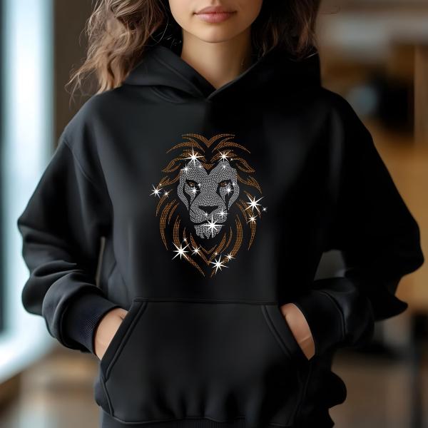 Sparkling Rhinestone Lion Shirt, Majestic Animal Design Tee, Women Black Casual T-Shirt, Minimalist Sparkle Top, Gift for Her, Gift for Him
