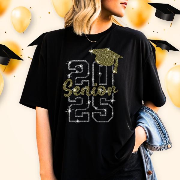 Senior 2025 with Hat Rhinestone T-Shirt, Proud Mom Gift Of Senior, Grad Bling Shirt, 25' Graduate Tee, Graduation Celebrating Tee-Shirt