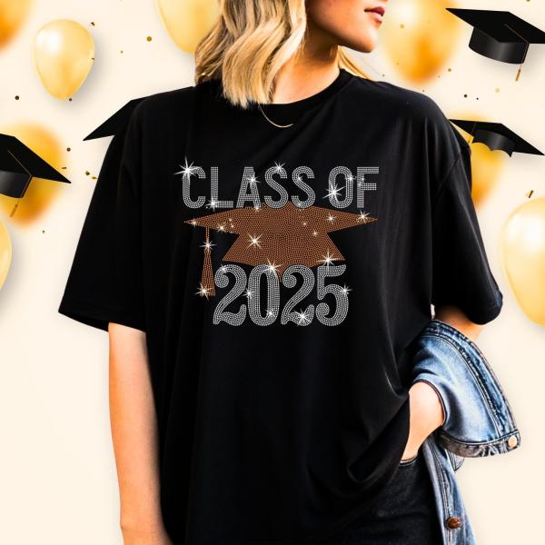 Class of 2025 With Hat Rhinestone T-Shirt, Retro Graduating Tee-Shirt, Helping Shirt Gift for Graduate, Proud Family & Senior Matching Shirt