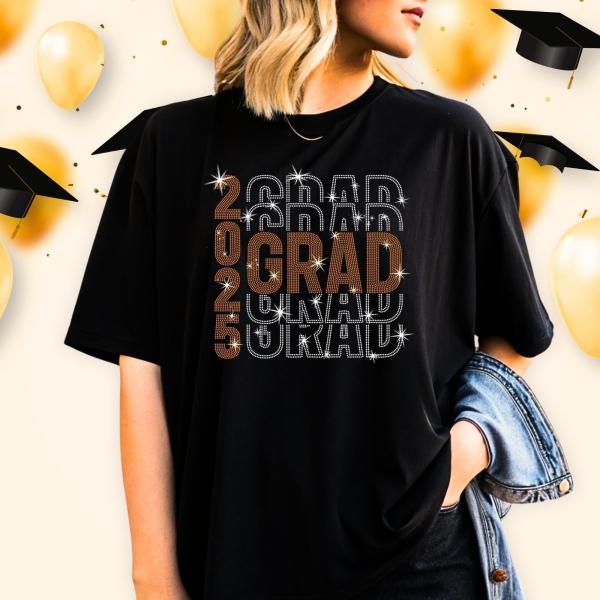Grad 2025 Rhinestone T-Shirt, Grad Matching Tee-Shirt, Custom Graduate Gift, Graduation Party Sweatshirt, Senior Graduation Shirt