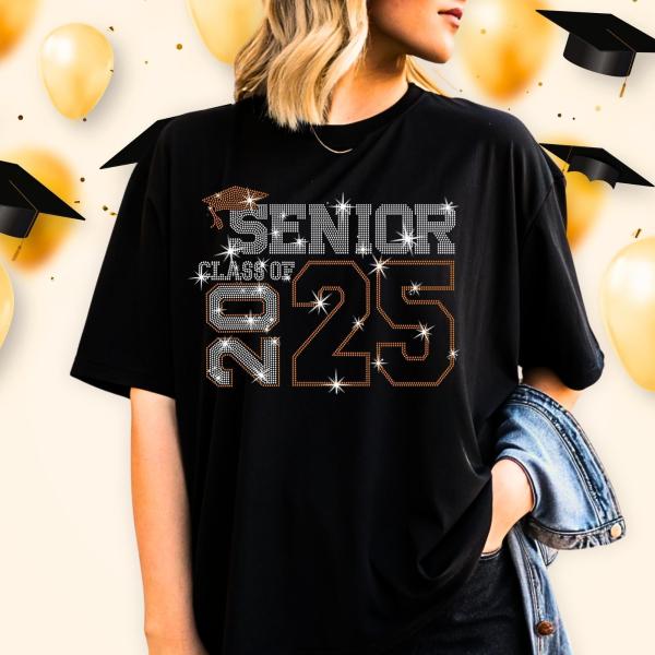 Senior Class Of 2025 Rhinestone T-Shirt, Graduation Tee-Shirt Gift for Mom, Popular Fashion Party Shirt, Cute Cheer Shirt, Cheerleader Shirt
