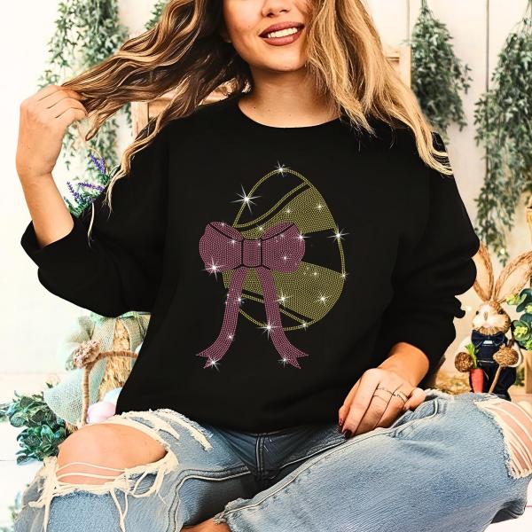 Egg with Ribbon Rhinestone Sweatshirt, Easter Egg with Ribbon Tee-Shirt, Unique Design Family Matching Shirt, Easter Reunion Shirt Gift