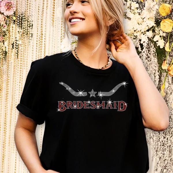 Longhorn Bridesmaid Rhinestone T-Shirt, Wedding Day Group Matching Tee-Shirt,  Bridesmaid Shirt for Bridal Shower,  Bach Party Apparel
