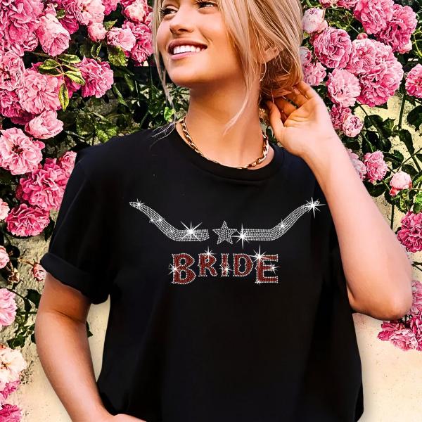 Longhorn Bride Rhinestone T-Shirt, Western Bridal Party Apparel, Funny Wedding Gift, Bride to be Shirt, Couple Matching Tee-Shirt