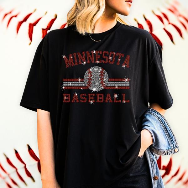 Minnesota Baseball Rhinestone T-Shirt, Moms Game Day Team Tee-Shirt, Fans Tailgate Apparel, Cool Cute Cozy Sports Shirt for Men & Women