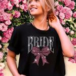 Bride With Ribbon Rhinestone T-Shirt, Honeymoon/Bachelorette Shirt for Her, Bach Party Attire, New Wife Tee-Shirt, Bride Bridesmaid Gift