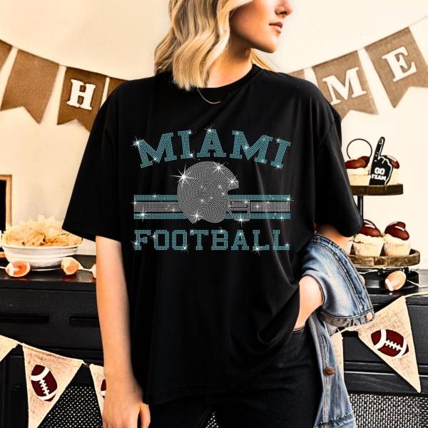 Miami Football Rhinestone T-Shirt, Unique Design Team Tee-Shirt, Unisex Sports Apparel, Mama Game Day Shirt, Tailgate Gift for Fans