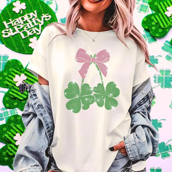 Clover Ribbon Cherry Shaped Rhinestone T-Shirt, St. Patrick's Day Tee-Shirt, Four Leaf Shamrock Design Shirt, Lucky-Day Gift for Mama