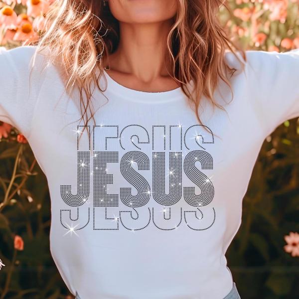 Jesus Text Art Rhinestone T-Shirt, Jesus Lover Gift, Comfort Colors Christian Tee-Shirt, Faith Based Apparel, Retro Christian Shirt