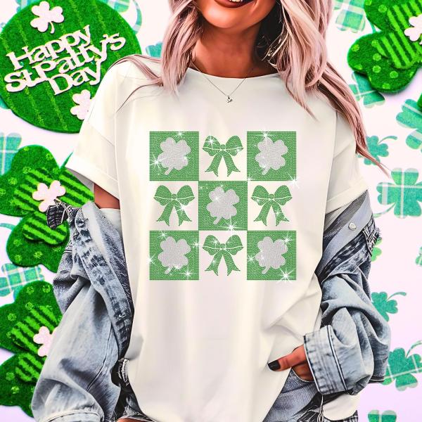 Clover and Ribbon Chess Shaped Design Rhinestone T-Shirt, Four Leaf Clover & Shamrock Tee, Chess Lovers Shirt, St Patty's Day Gift Idea
