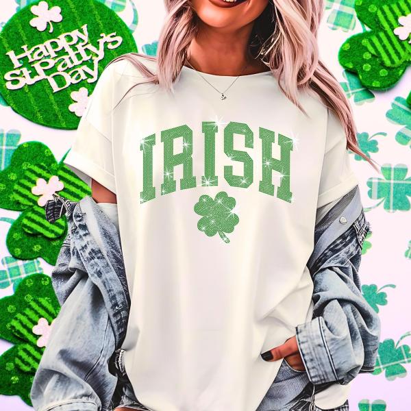 Irish with Clover Rhinestone T-Shirt, Happy St Patrick's Day Tee-Shirt, Retro Shamrock Sweatshirt, Women's Lucky Shirt for Your Love