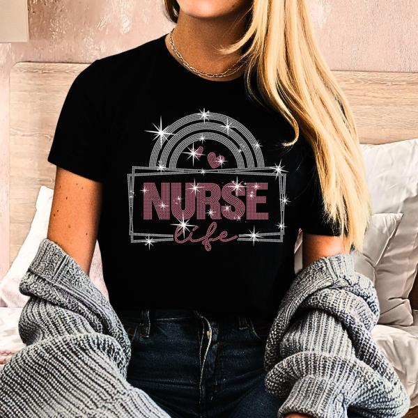 Nurse With Rainbow Rhinestone-Shirt, Nurse Week Shirt, New Grad Nurse Tee-Shirt, Nursing School Tee, Perfect Gift for Nursing Students