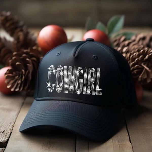 COWGIRL Hat Rhinestone - Sparkly Black Baseball Cap - Western Glam Adjustable Hat - Bling Cowgirl Gift, Rodeo Style Party Cap, Gift for Her