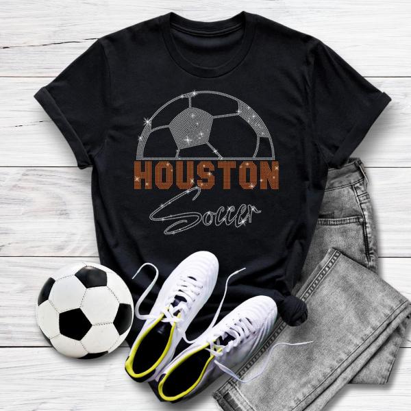 Houston Rhinestone T-Shirt, Soccer Youth Shirt, Sporty Athletic Tee, Sports Fan Apparel, Cheerleaders Outfit, League Tournament Souvenir