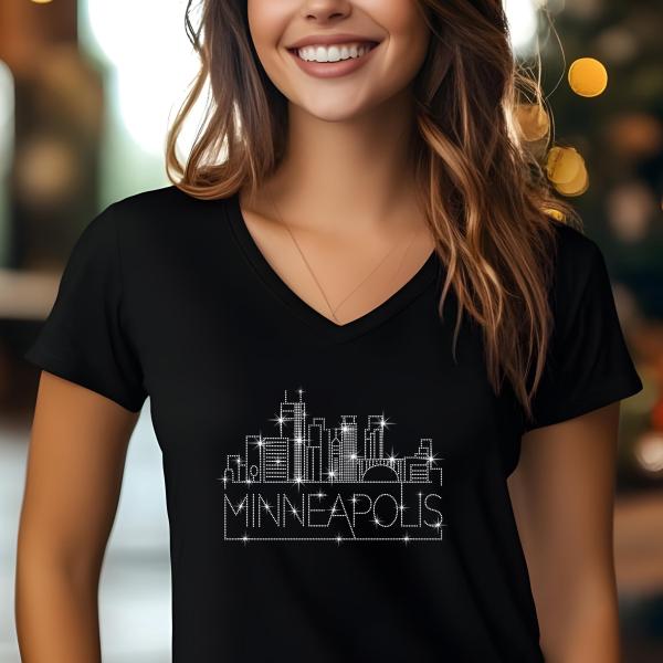Minneapolis Rhinestone T-Shirt, Sparkling City Skyline Tee, Women Casual Top, Minnesota Pride Shirt, Travel Gift, Cityscape Design Outfit