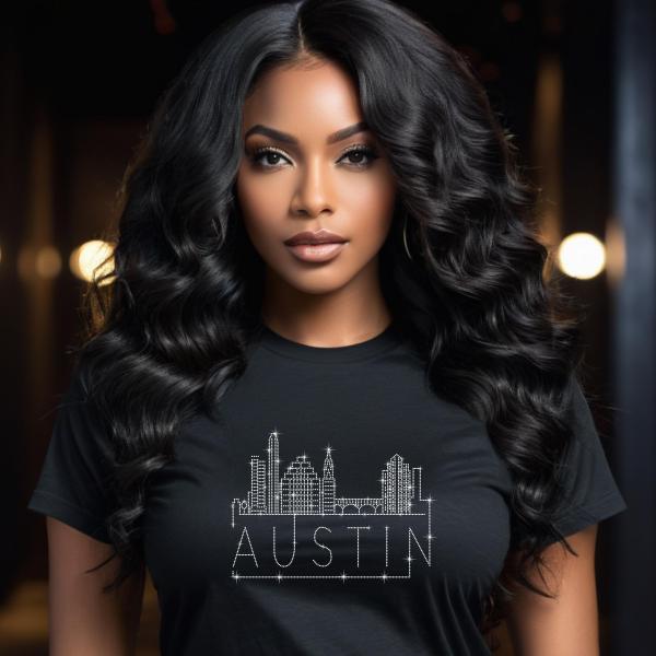 Austin Rhinestone T-Shirt, Sparkling City Skyline Tee, Women Casual Top, Texas Pride Shirt, Travel Gift, Cityscape Design Outfit