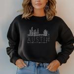 Austin Rhinestone T-Shirt, Sparkling City Skyline Tee, Women Casual Top, Texas Pride Shirt, Travel Gift, Cityscape Design Outfit