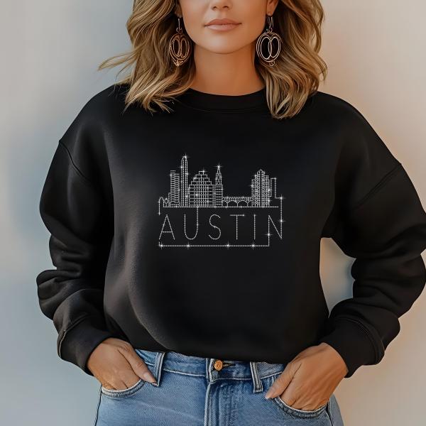 Austin Rhinestone T-Shirt, Sparkling City Skyline Tee, Women Casual Top, Texas Pride Shirt, Travel Gift, Cityscape Design Outfit