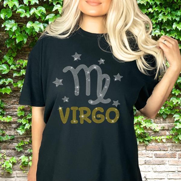 Virgo Rhinestone Shiny T-Shirt, Birthday Tee with Zodiac Symbol, Funny Virgo Gift For Women, Groovy Unique Design Astrological Shirt