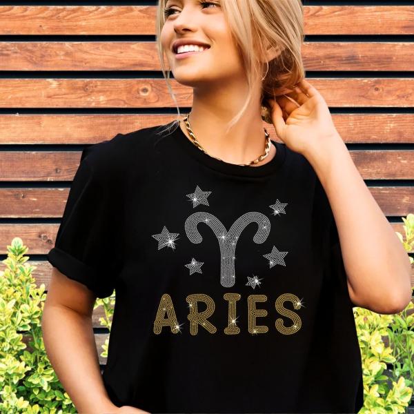 Aries Bling Rhinestone T-Shirt, Glittering Birthday Gift, Astrological Shirt For Women or Men, Retro Horoscope Zodiac Sign Tee Shirt