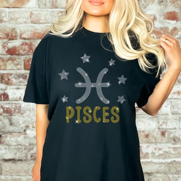 Pisces Sparkling Rhinestone T-Shirt, Retro Aesthetic Birth Sign Tee, Horoscope character Shirt, Zodiac Birthday Gift for Astrology Lover