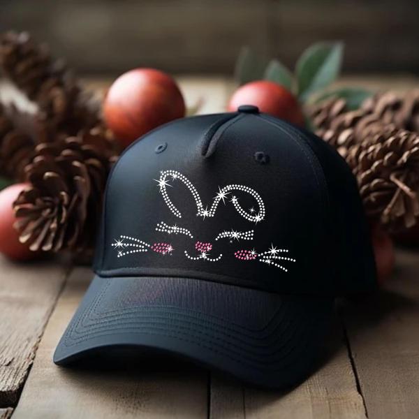 Bunny Face Hat Rhinestone Cute Sparkly Rabbit Cap, Adjustable Black Bling Hat for Easter, Animal Lovers, and Bunny Gifts