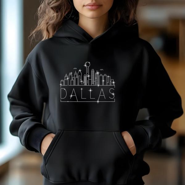 Dallas Rhinestone T-Shirt, Sparkling City Skyline Tee, Women Casual Top, Texas Pride Shirt, Travel Gift, Cityscape Design Outfit
