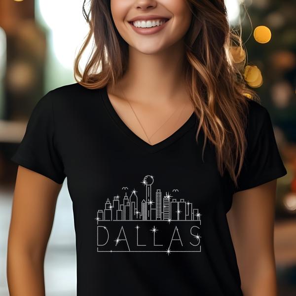Dallas Rhinestone T-Shirt, Sparkling City Skyline Tee, Women Casual Top, Texas Pride Shirt, Travel Gift, Cityscape Design Outfit