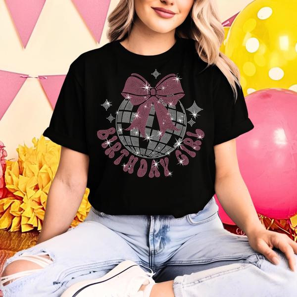 Disco Ball Ribbon Birthday Girl Rhinestone T-Shirt, Vibrant Colors Matching Party Tee-Shirt, Glittering Bow Tie Design Shirt Gift For Her