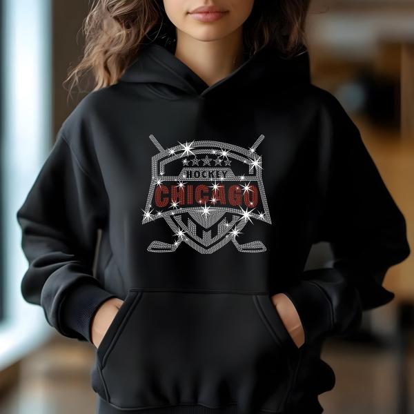 Chicago Hockey Rhinestone T-Shirt, Bling Sports Tee, Sparkling Hockey Shirt, Custom Team Apparel, Game Day Shirt, Gift for Fans